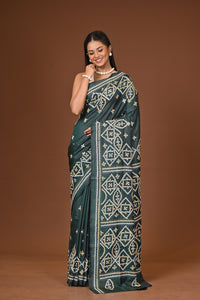Blended Silk Kantha Stitch Saree Bottle Green