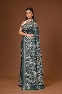 Blended Silk Kantha Stitch Saree Bottle Green