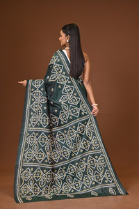 Blended Silk Kantha Stitch Saree Bottle Green