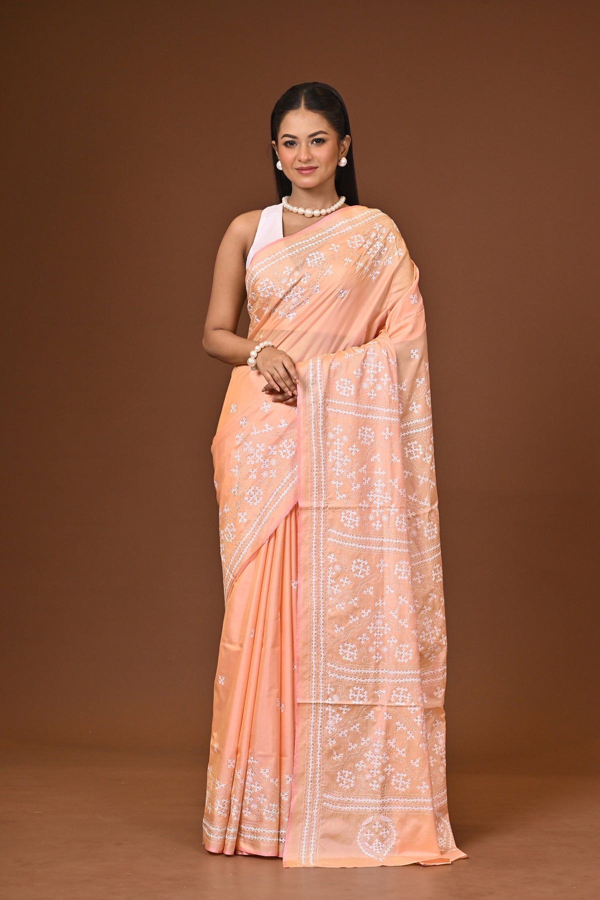 Blended Silk Kantha Stitch Saree Light Peach