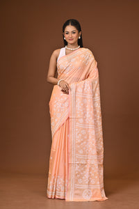 Blended Silk Kantha Stitch Saree Light Peach