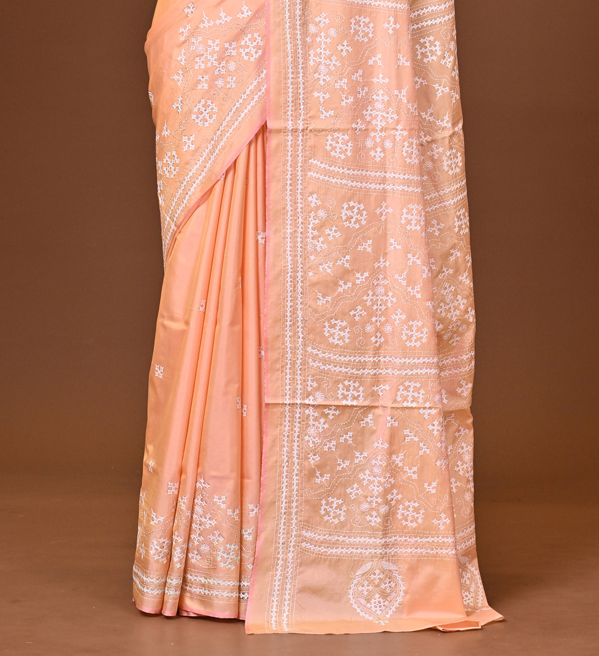 Blended Silk Kantha Stitch Saree Light Peach