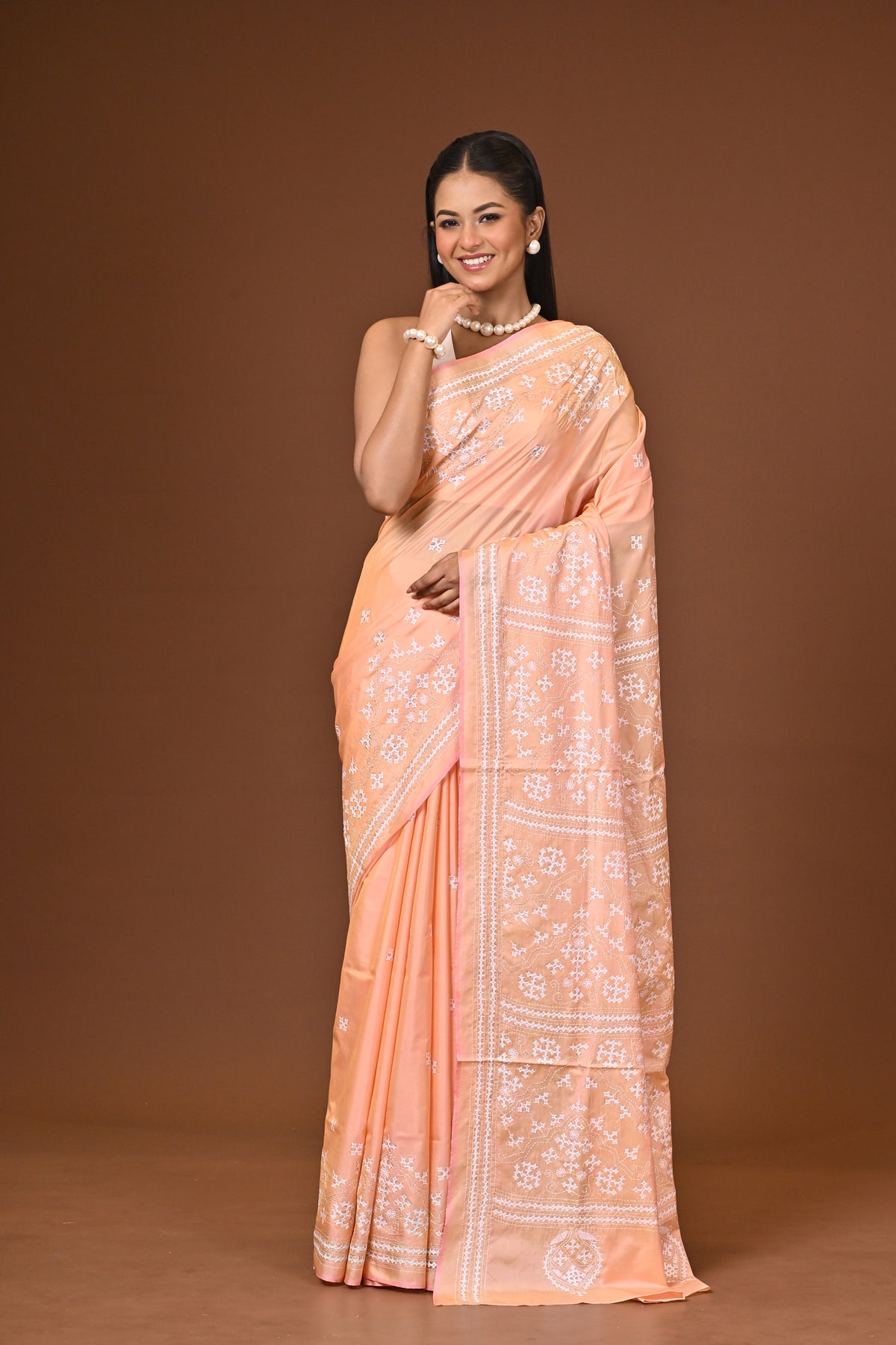 Blended Silk Kantha Stitch Saree Light Peach