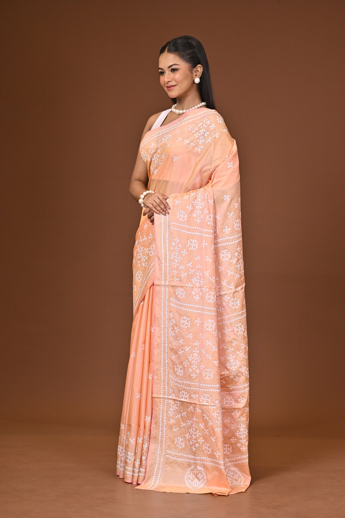 Blended Silk Kantha Stitch Saree Light Peach