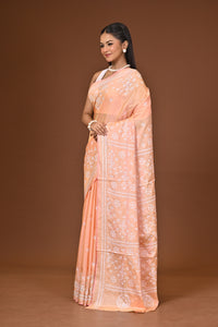 Blended Silk Kantha Stitch Saree Light Peach