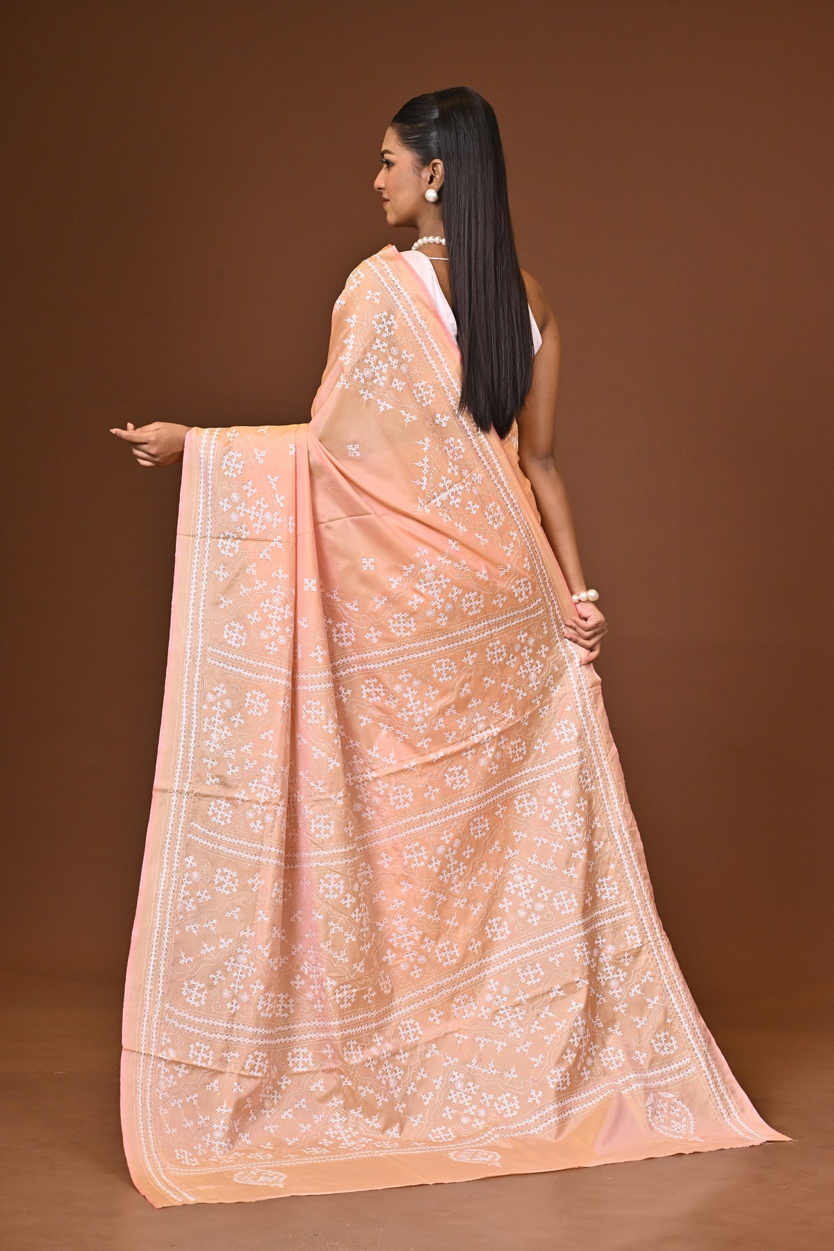 Blended Silk Kantha Stitch Saree Light Peach