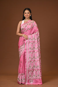 Blended Silk Kantha Stitch Saree Pink