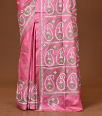 Blended Silk Kantha Stitch Saree Pink