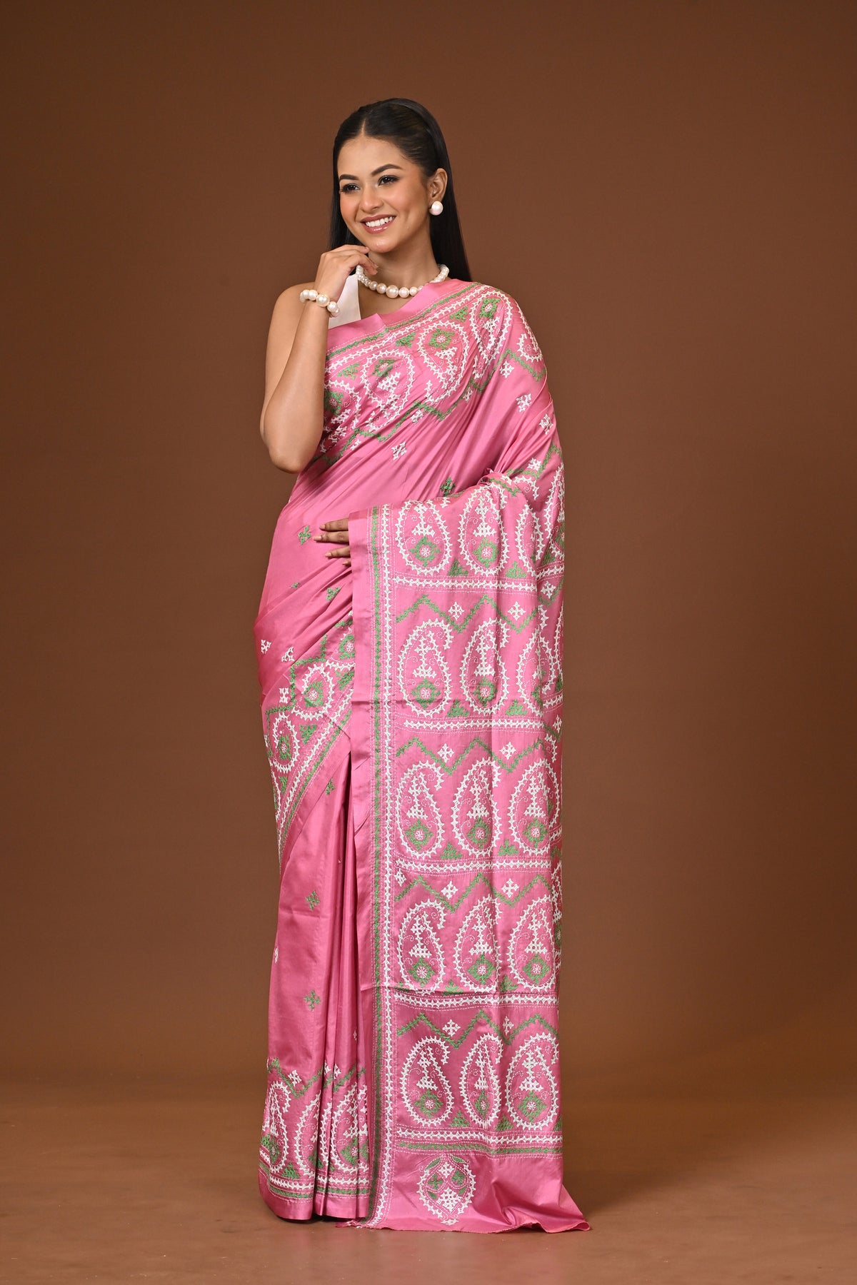 Blended Silk Kantha Stitch Saree Pink
