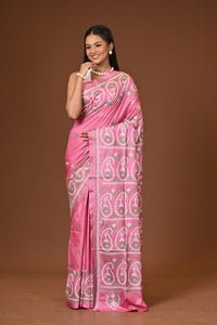 Blended Silk Kantha Stitch Saree Pink