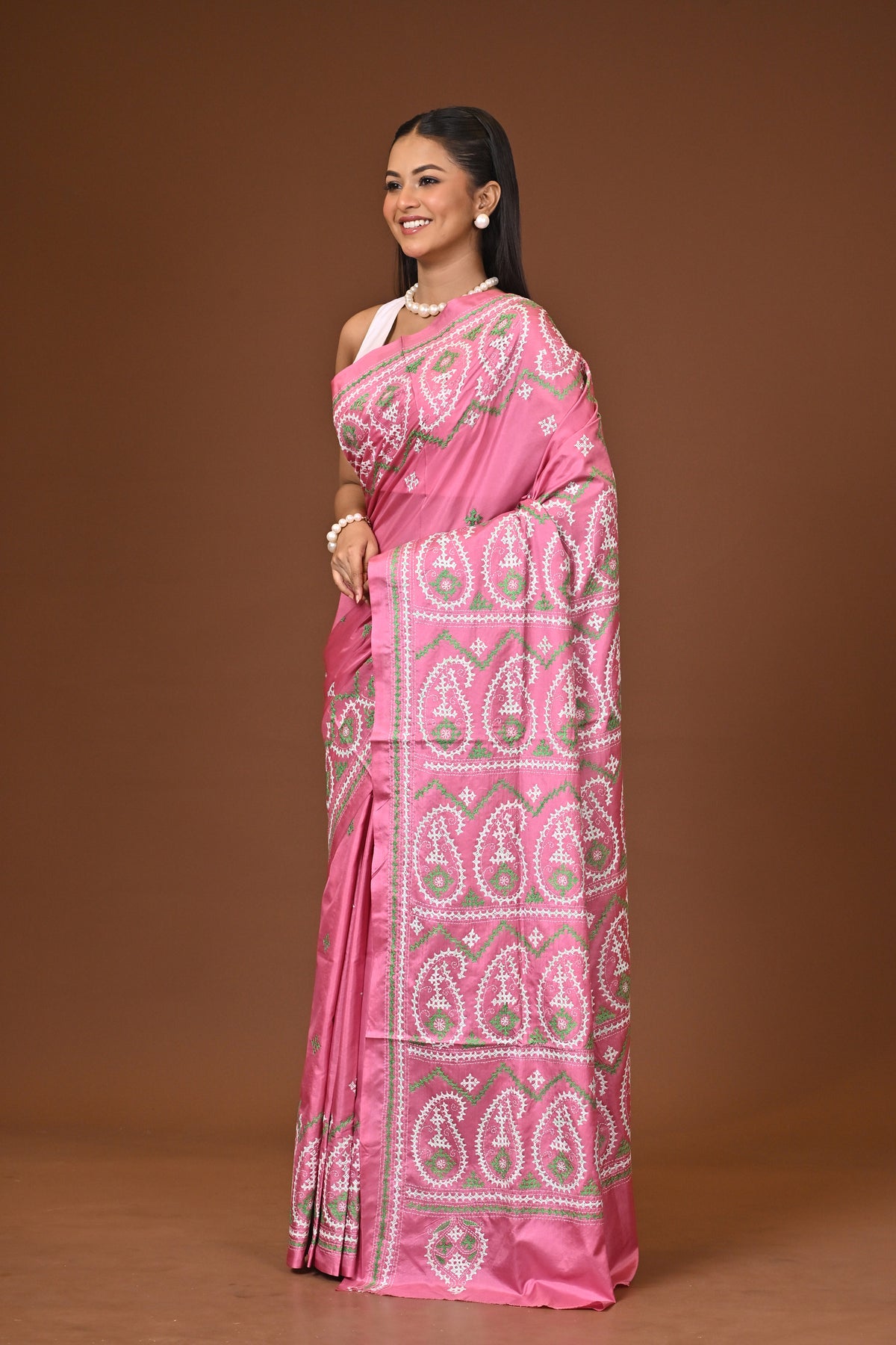 Blended Silk Kantha Stitch Saree Pink