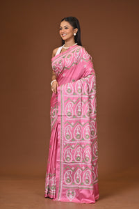 Blended Silk Kantha Stitch Saree Pink