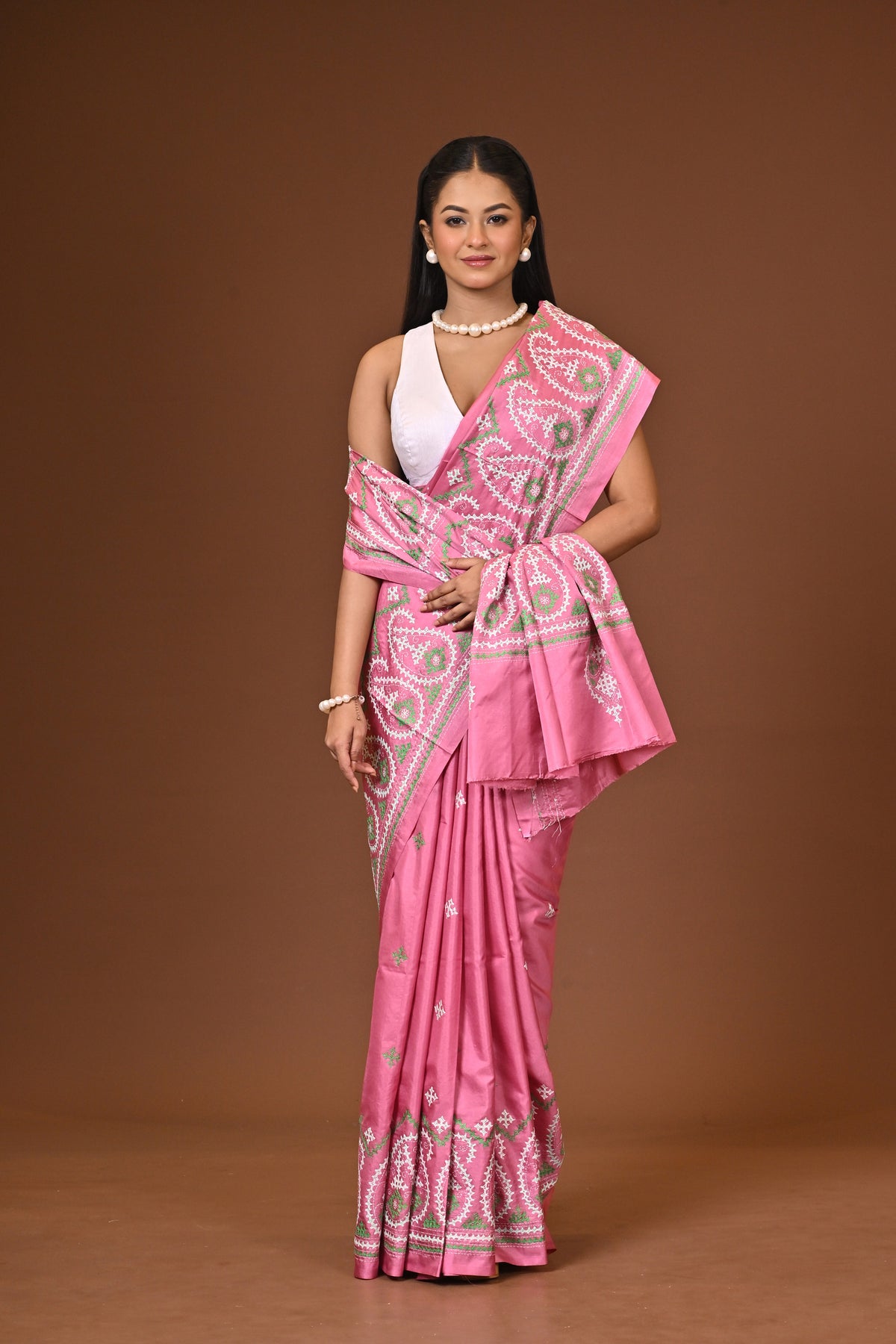 Blended Silk Kantha Stitch Saree Pink