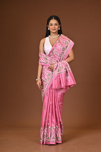Blended Silk Kantha Stitch Saree Pink