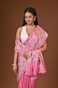 Blended Silk Kantha Stitch Saree Pink