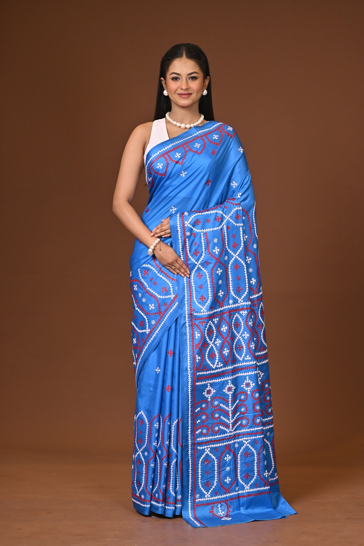 মিশ্র সিল্ক কাঁথা স্টিচ শাড়ি নীল