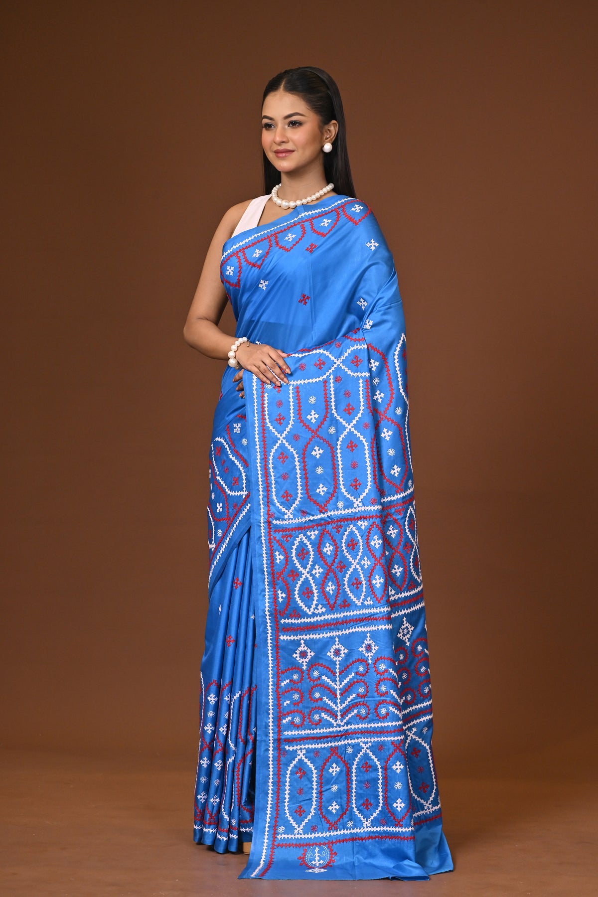 মিশ্র সিল্ক কাঁথা স্টিচ শাড়ি নীল