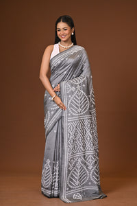 Blended Silk Kantha Stitch Saree Grey