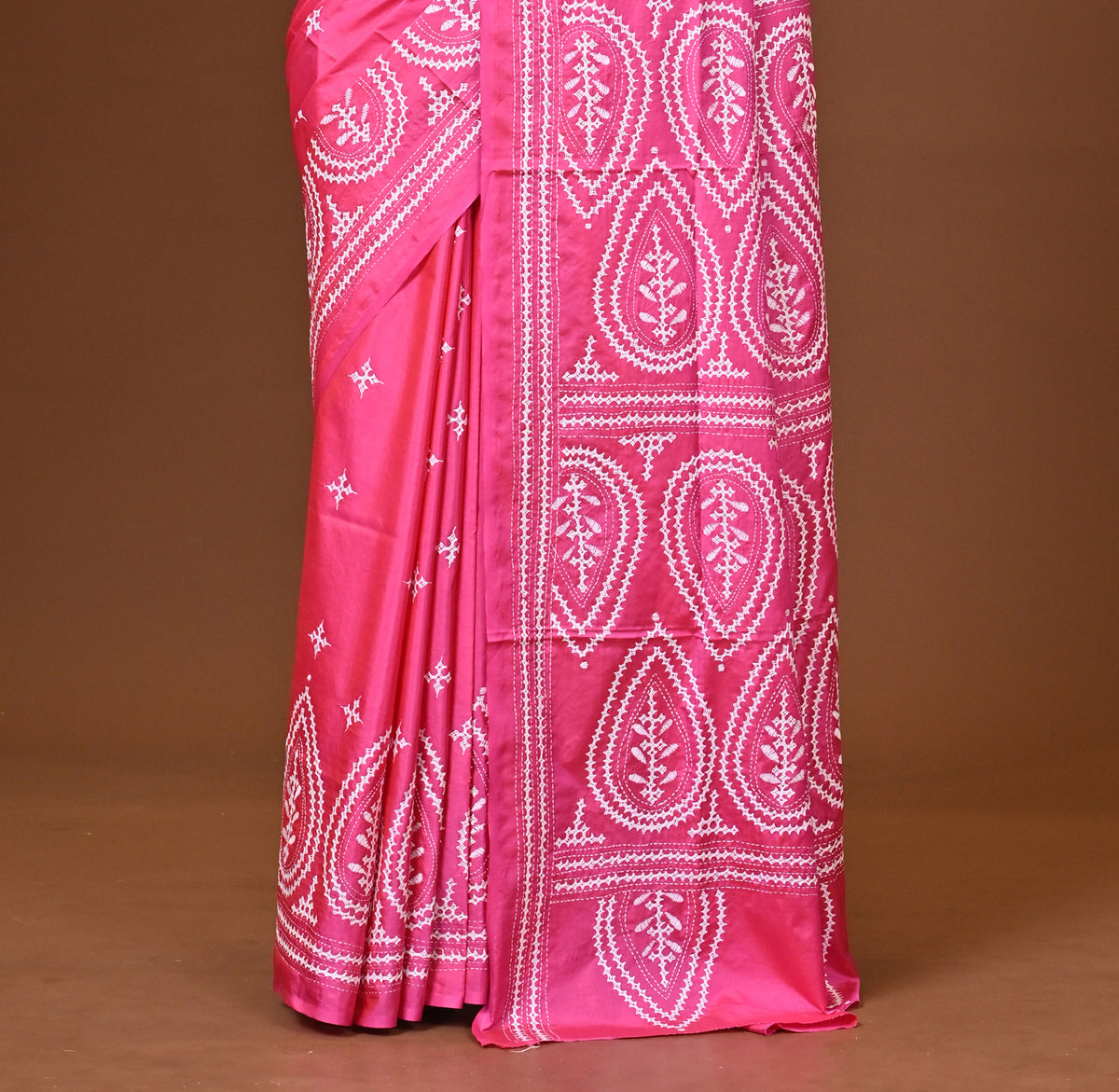 Blended Silk Kantha Stitch Saree Pink