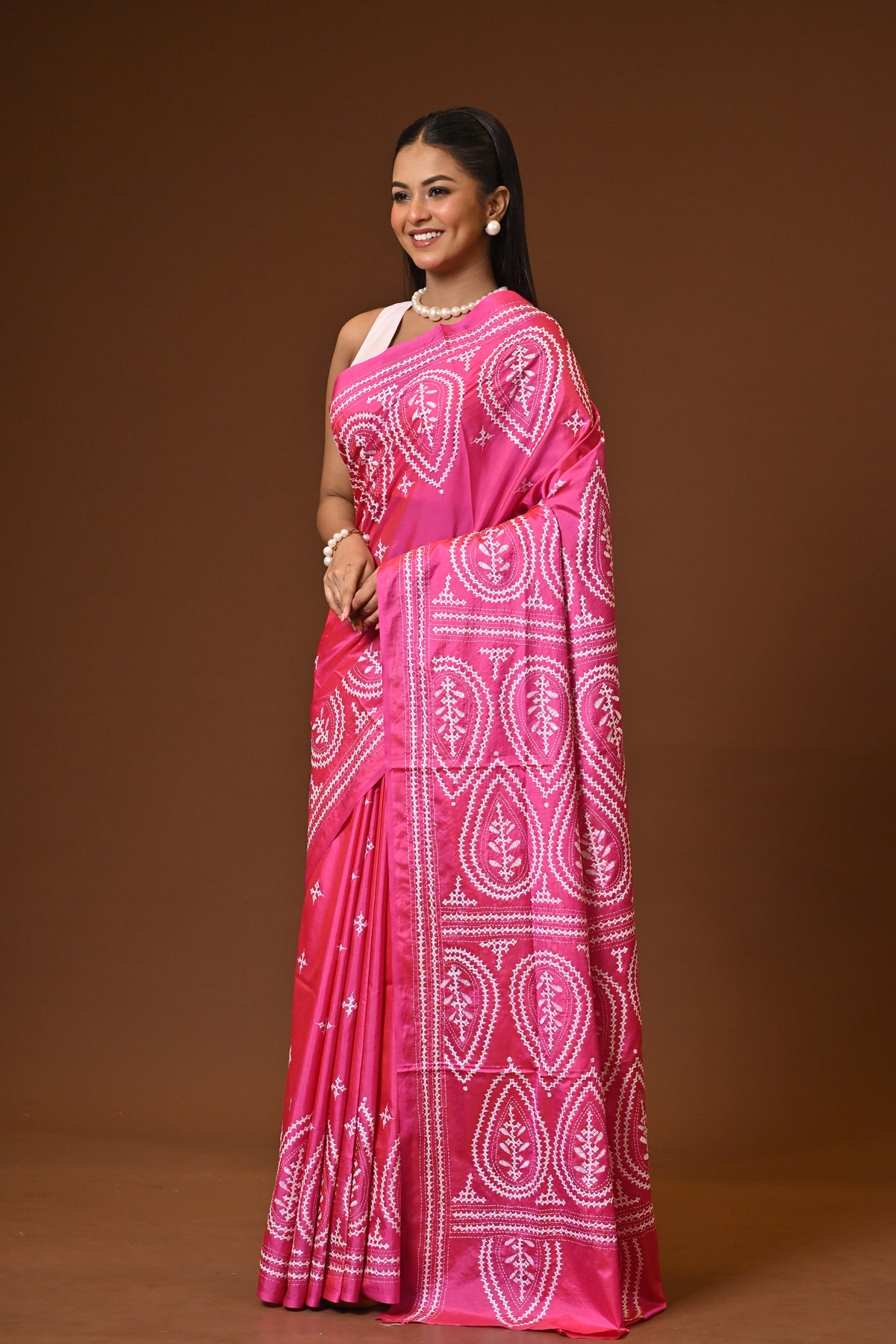Blended Silk Kantha Stitch Saree Pink