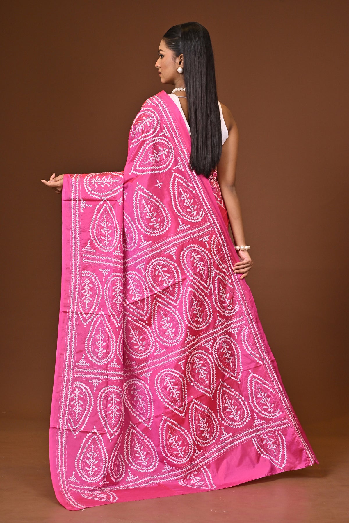 Blended Silk Kantha Stitch Saree Pink