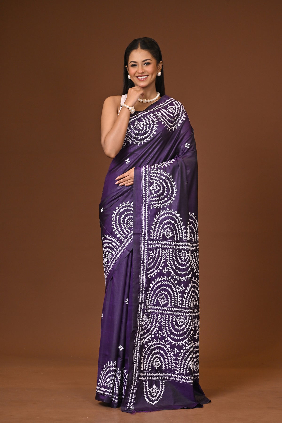 Blended Silk Kantha Stitch Saree Purple