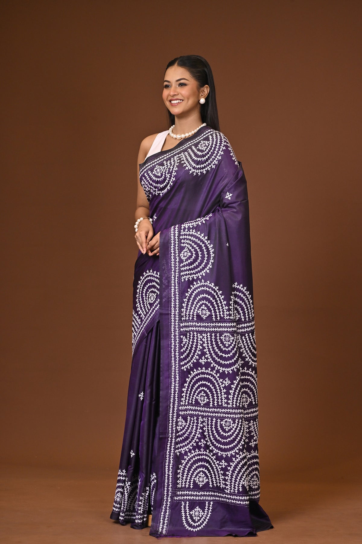 Blended Silk Kantha Stitch Saree Purple