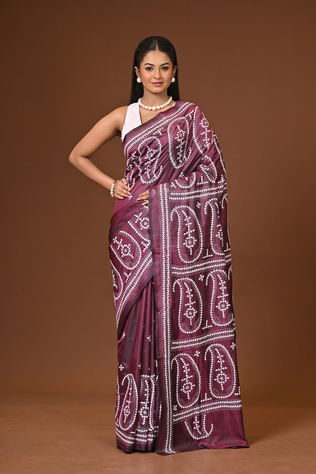 Blended Silk Kantha Stitch Saree Brown