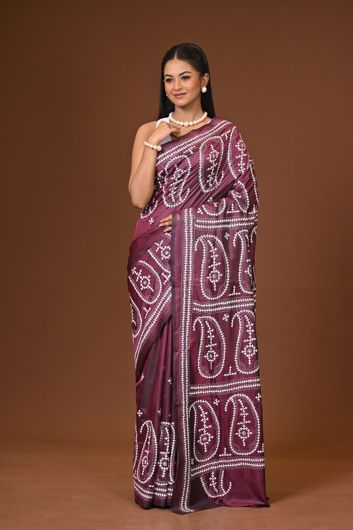Blended Silk Kantha Stitch Saree Brown