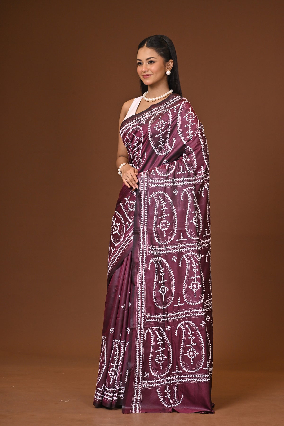 Blended Silk Kantha Stitch Saree Brown