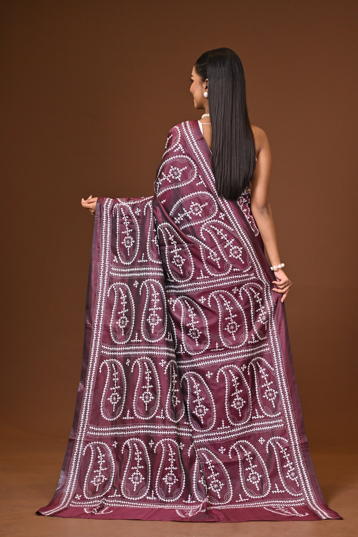 Blended Silk Kantha Stitch Saree Brown