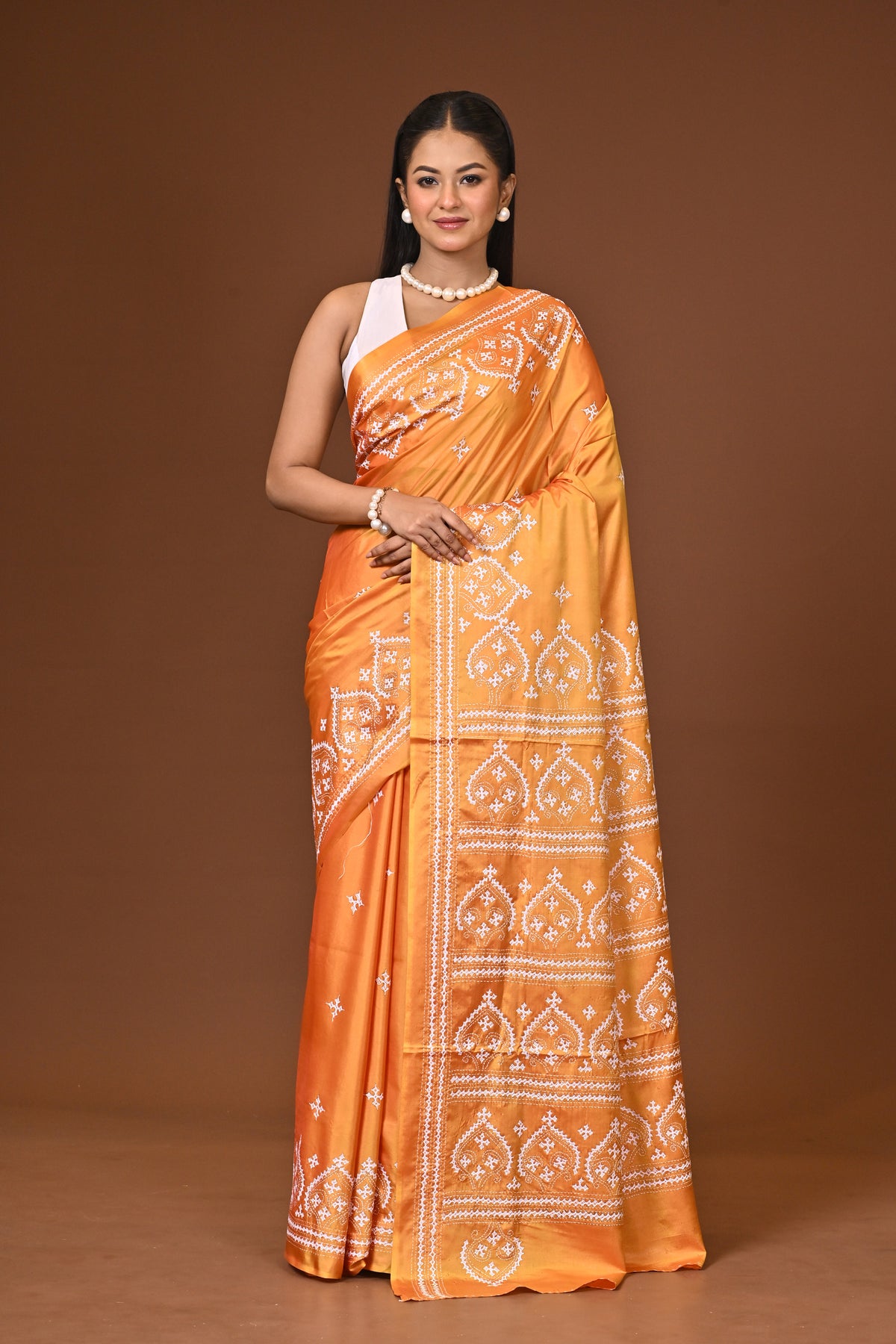 Blended Silk Kantha Stitch Saree Velvet Yellow