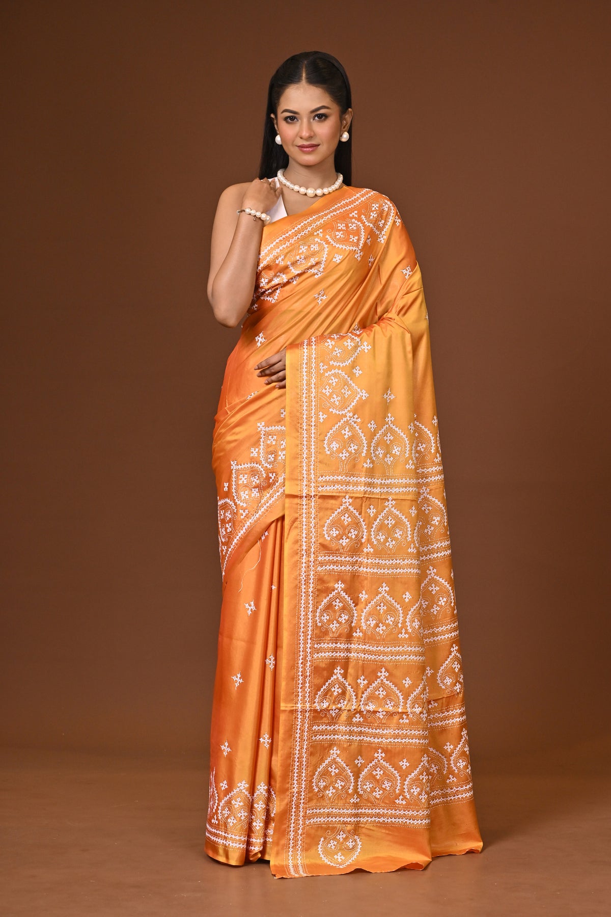 Blended Silk Kantha Stitch Saree Velvet Yellow