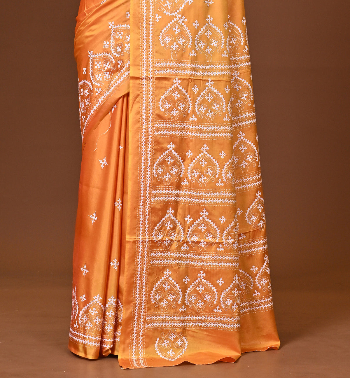 Blended Silk Kantha Stitch Saree Velvet Yellow