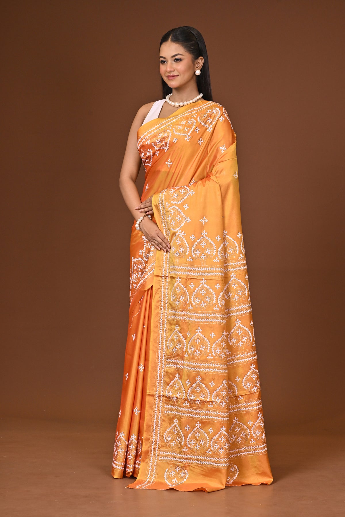 Blended Silk Kantha Stitch Saree Velvet Yellow