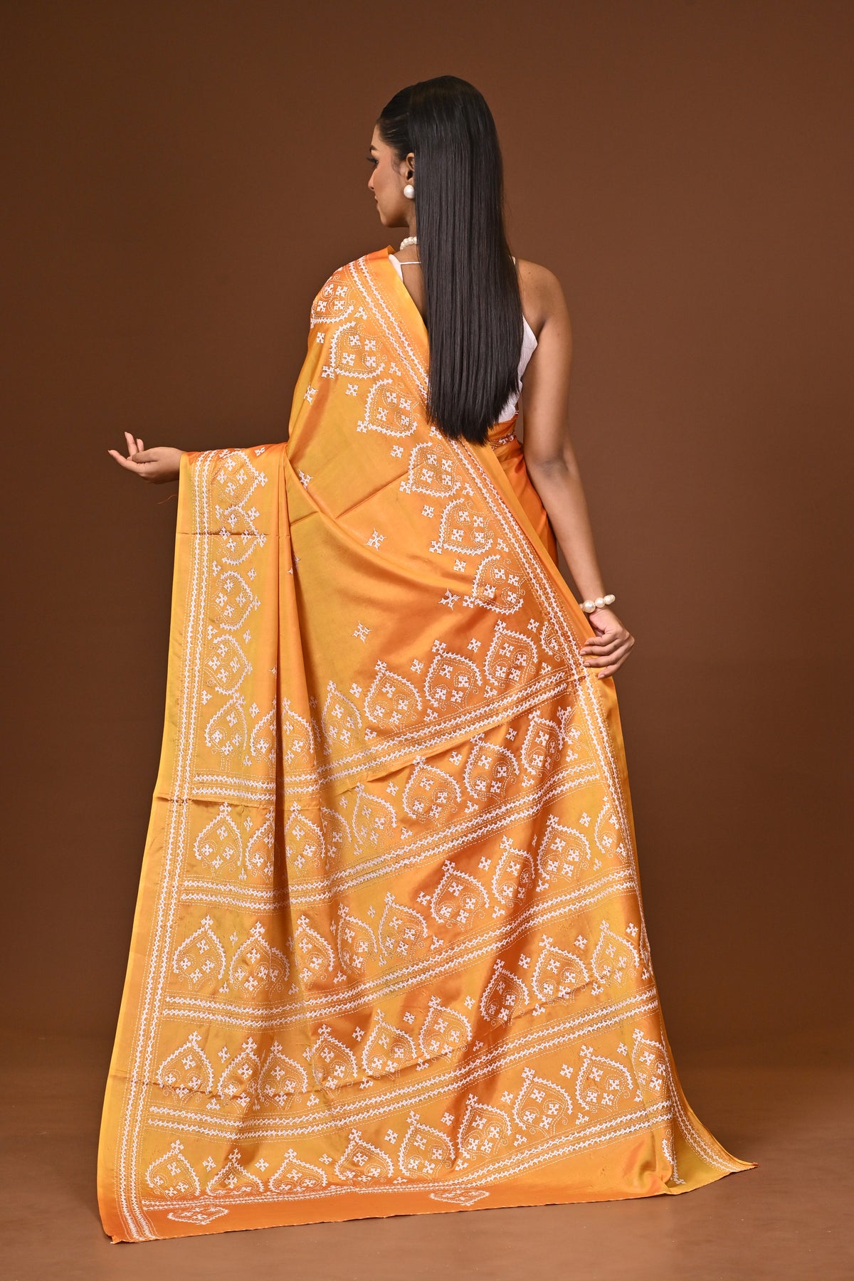 Blended Silk Kantha Stitch Saree Velvet Yellow