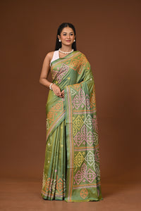 Blended Silk Kantha Stitch Saree Velvet Green