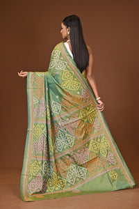 Blended Silk Kantha Stitch Saree Velvet Green