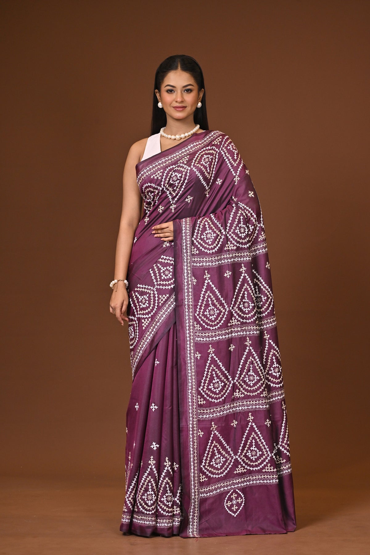 Blended Silk Kantha Stitch Saree Velvet Purple