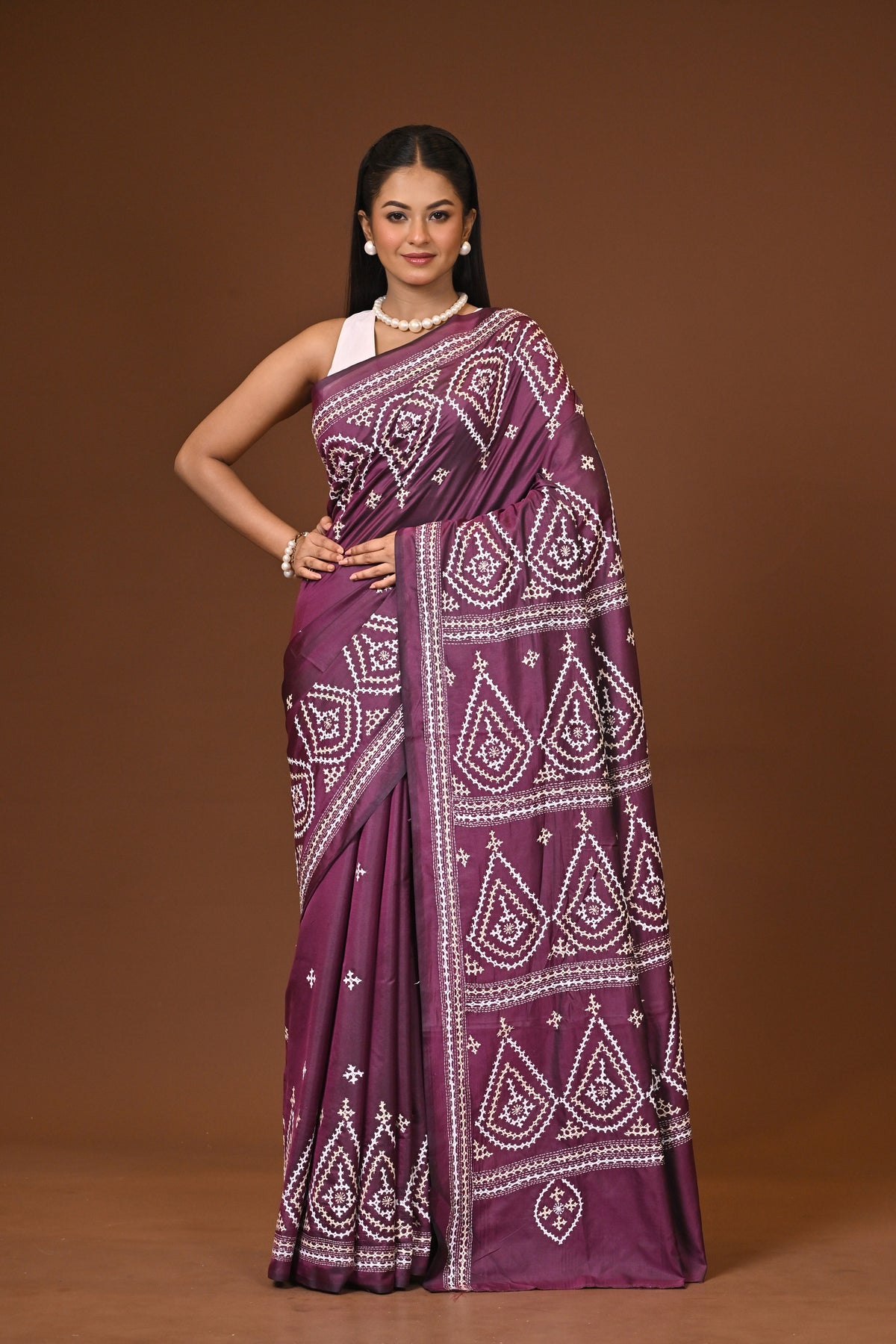 Blended Silk Kantha Stitch Saree Velvet Purple