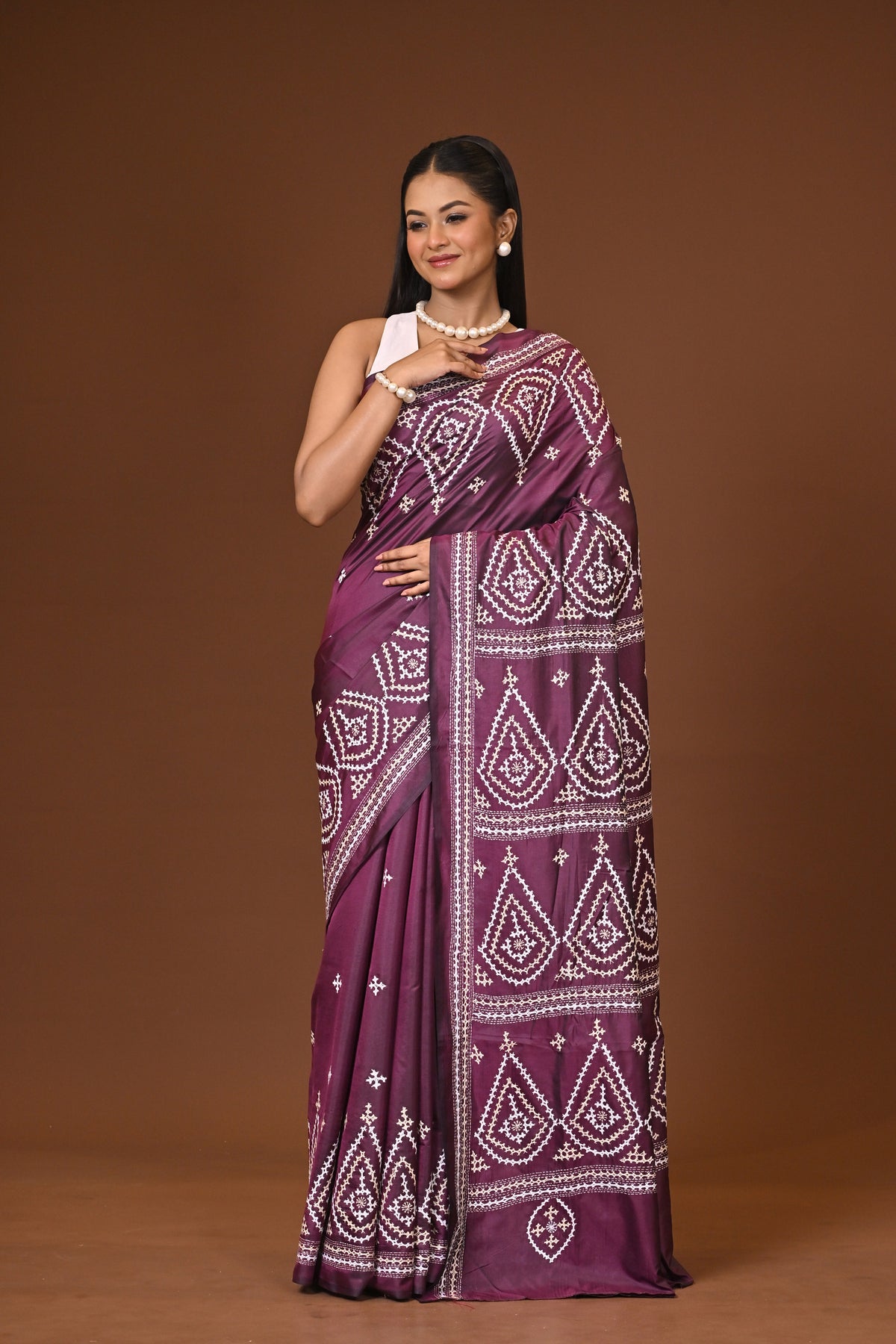 Blended Silk Kantha Stitch Saree Velvet Purple