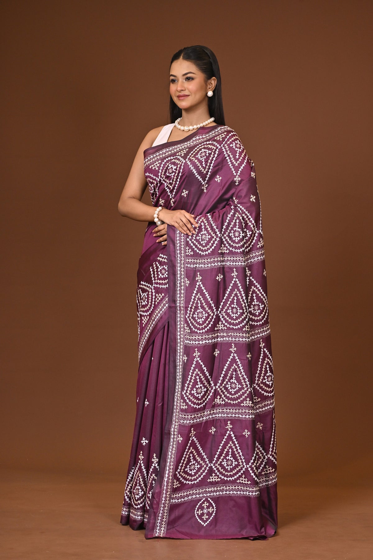 Blended Silk Kantha Stitch Saree Velvet Purple