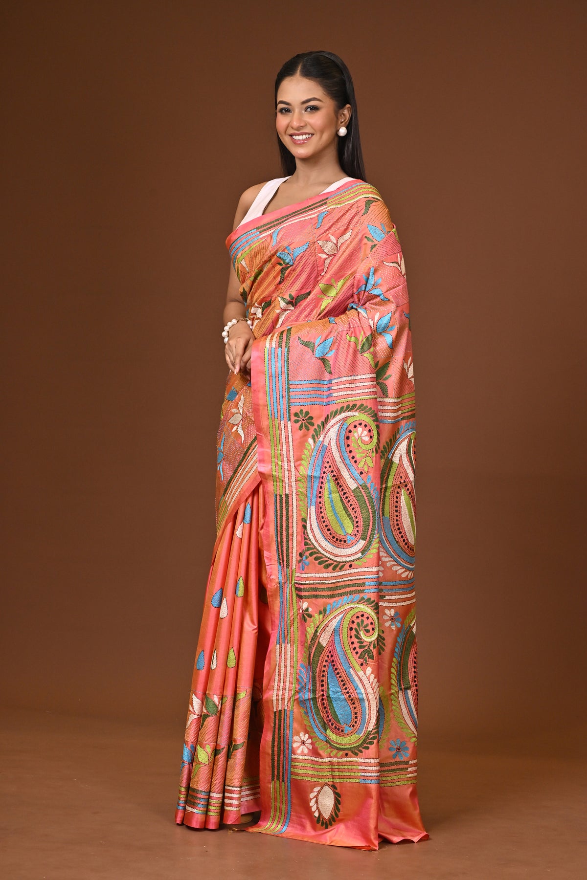 Blended Silk Kantha Stitch Saree Velvet Pink