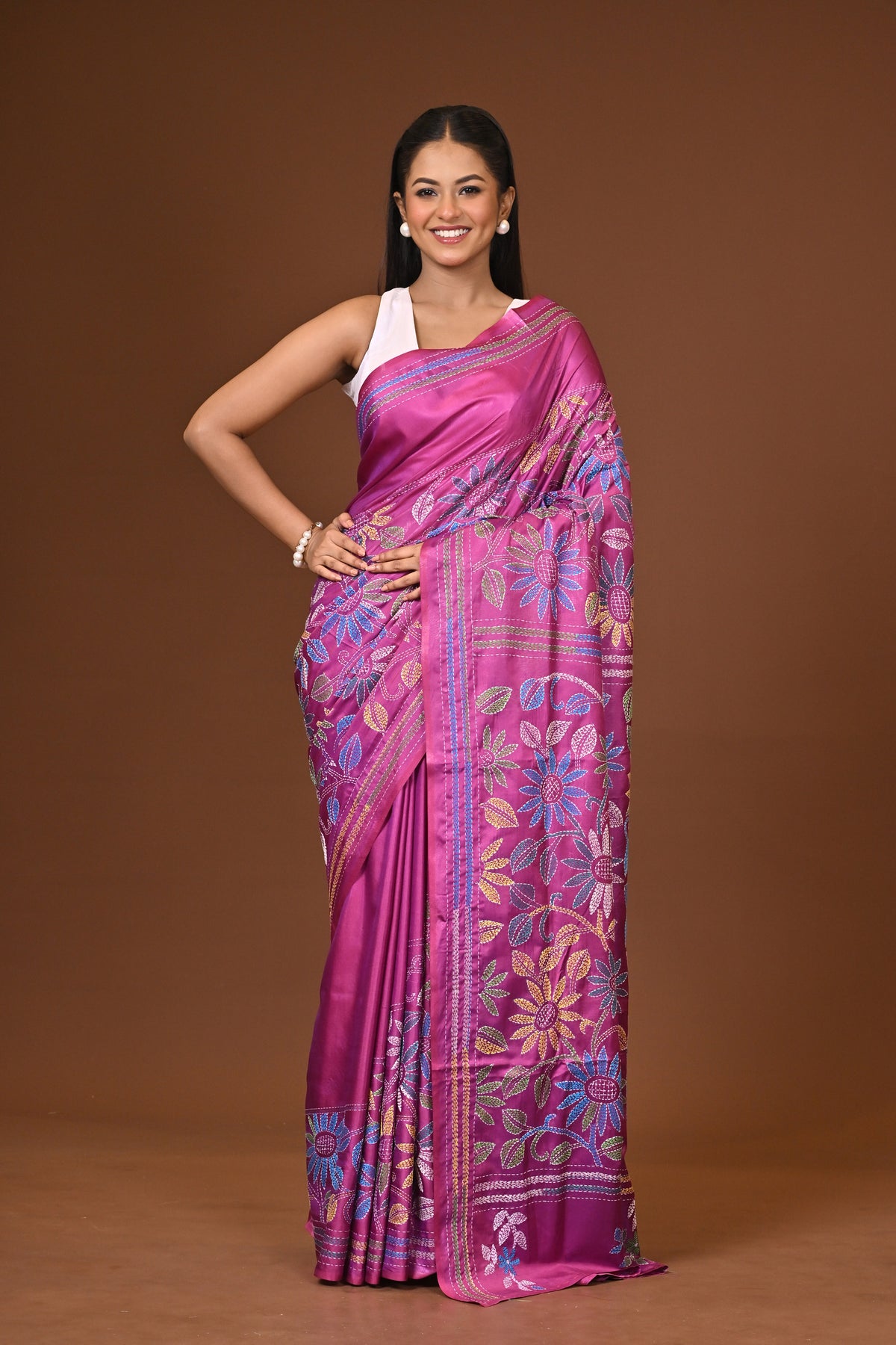 Blended Silk Kantha Stitch Saree Purple