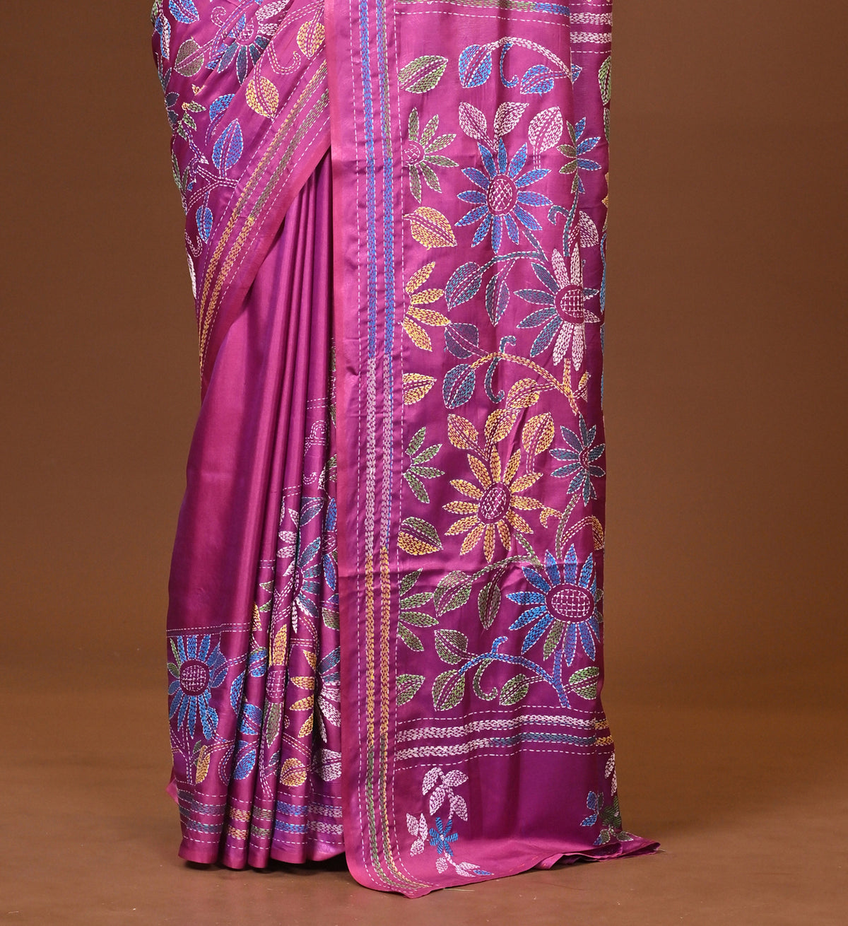 Blended Silk Kantha Stitch Saree Purple