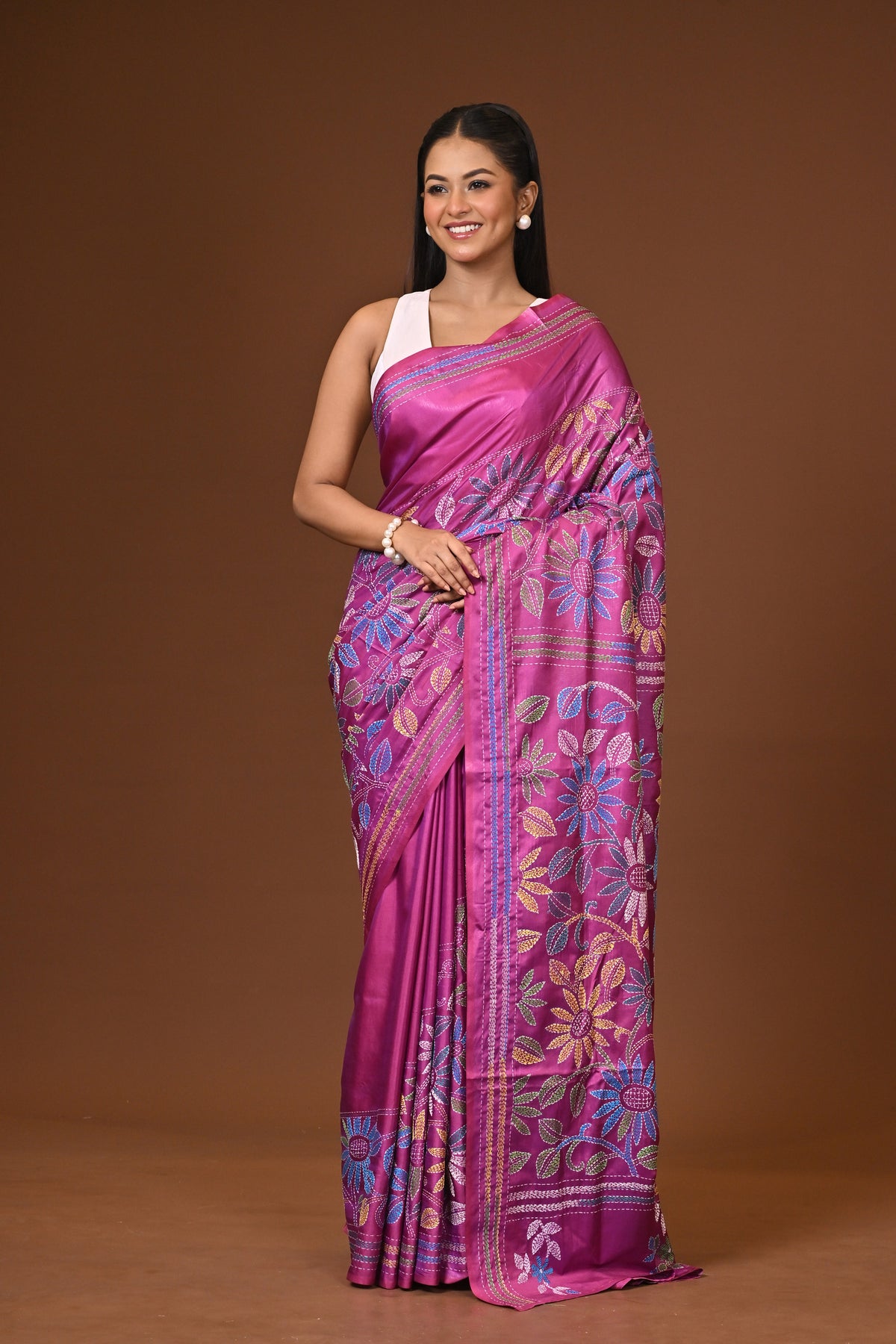 Blended Silk Kantha Stitch Saree Purple