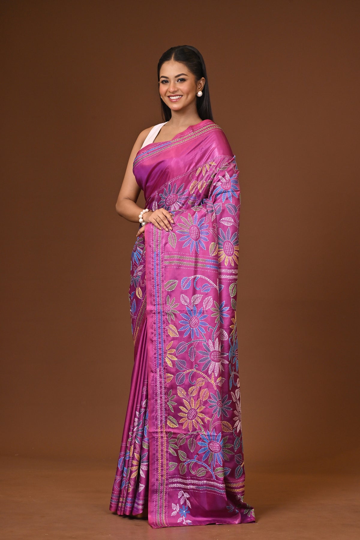 Blended Silk Kantha Stitch Saree Purple