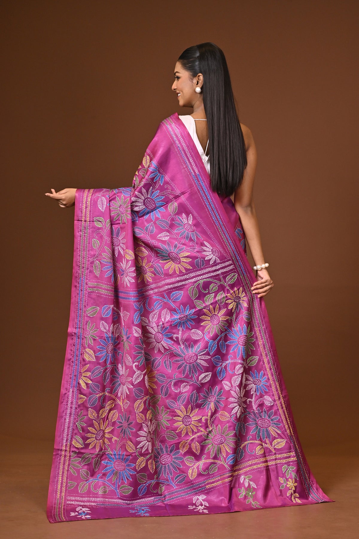 Blended Silk Kantha Stitch Saree Purple