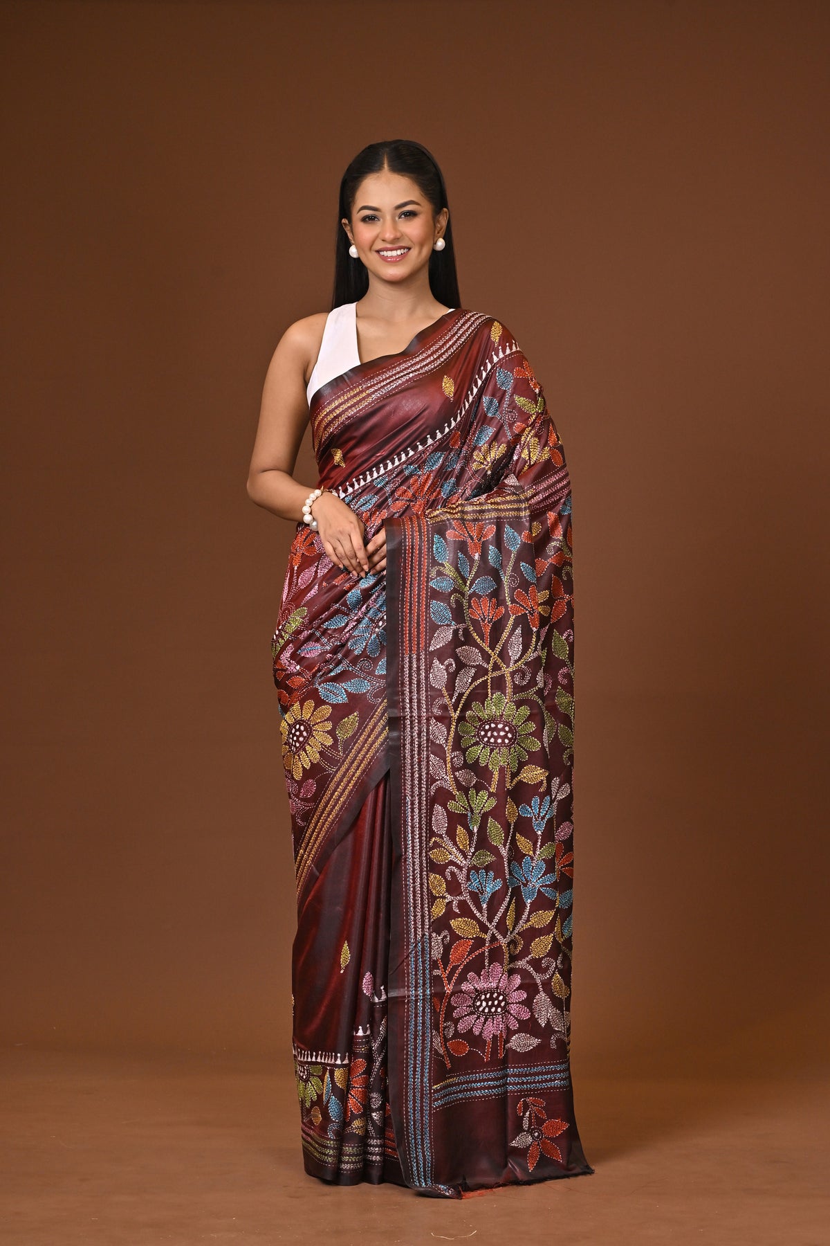 Blended Silk Kantha Stitch Saree Velvet Brown