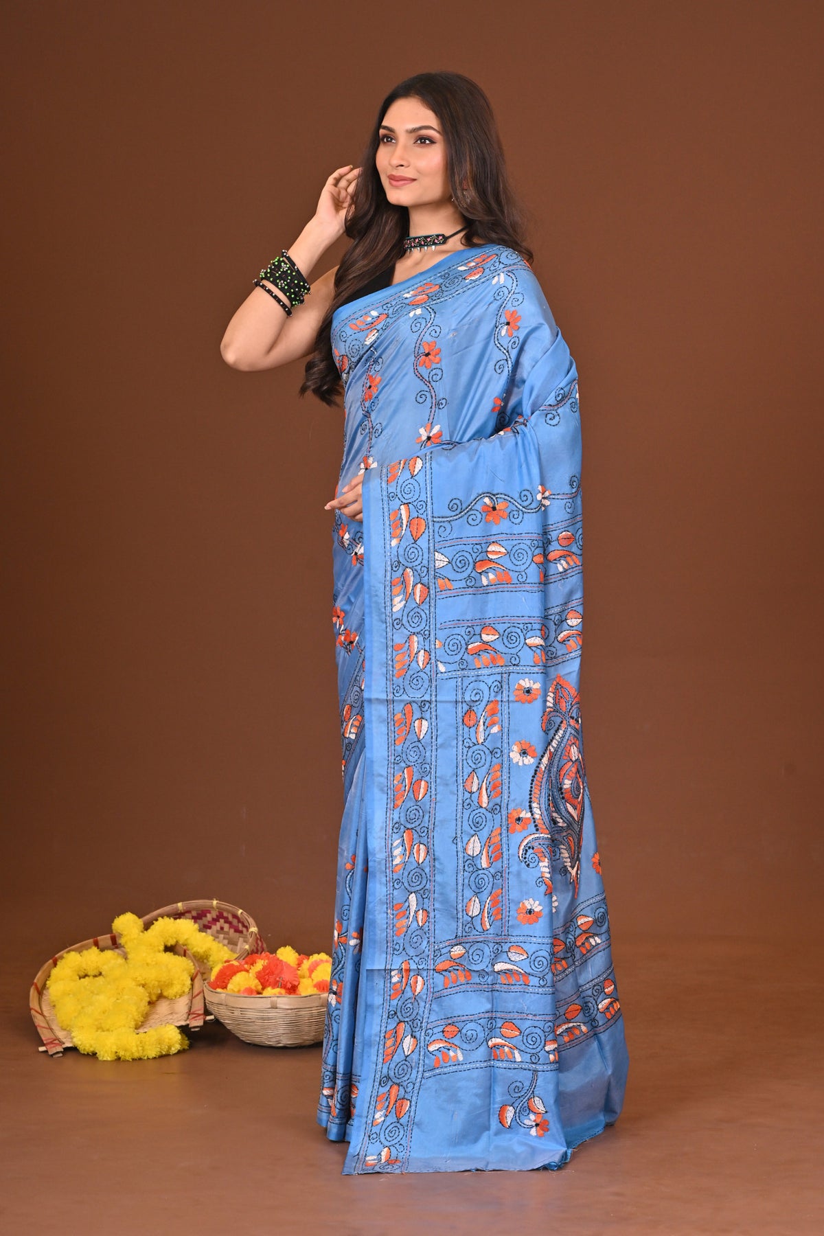 Akashini Blended Silk Kantha Stitch Saree Blue